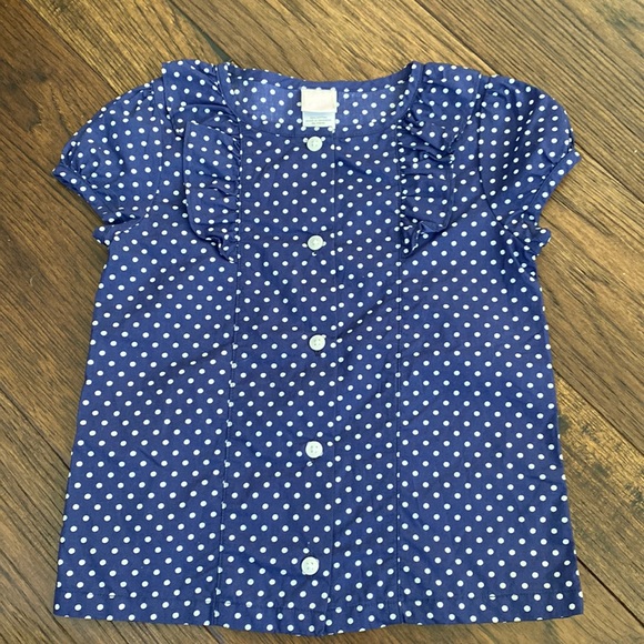 Navy and white Polkadotted blouse. ruffles around neck. button-down. size 2 - Picture 1 of 3